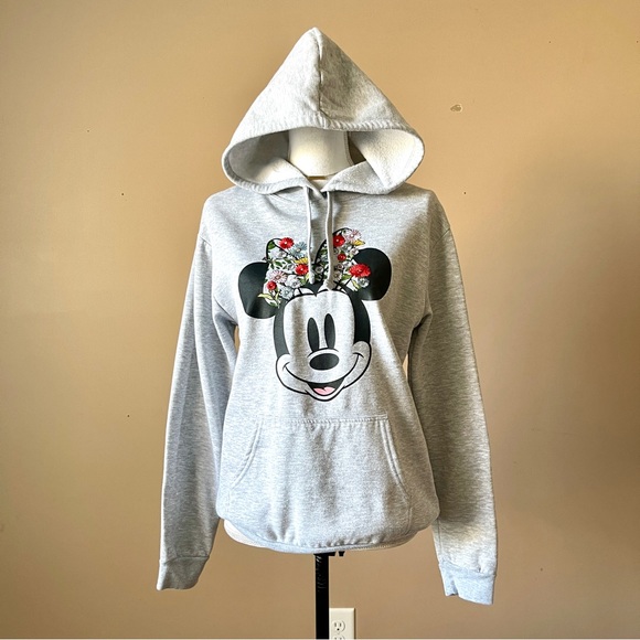 Disney Tops - DISNEY | Heather Gray Minnie Mouse Embroidered Floral Graphic Print Hoodie Sz M